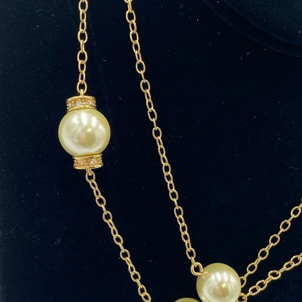 J. Crew Faux‎ Pearl and Rhinestone Necklace Long Strand Necklace Gold Tone